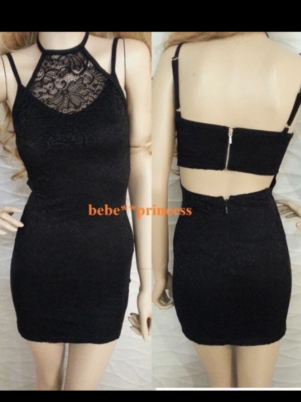 NEW Bebe Black Floral Lace Straps halter Cutout Back  Bodycon Top Dress